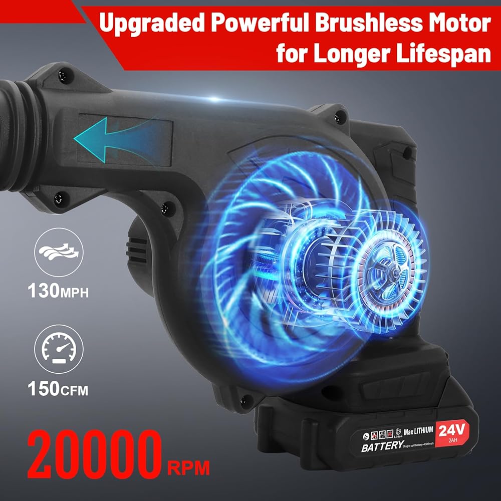 Ykall Souffleur à feuilles électrique sans fil 24 V avec 2 batteries et chargeur, souffleur puissant pour jardin, terrasse, garage, poussière, neige et poils d'animaux (noir) : Jardin