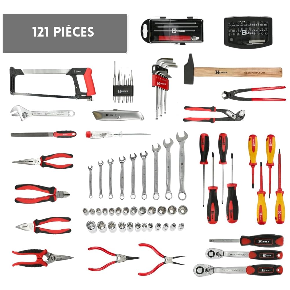 Caisse à outils remplie Hanger - 121 pièces essentielles : Bricolage