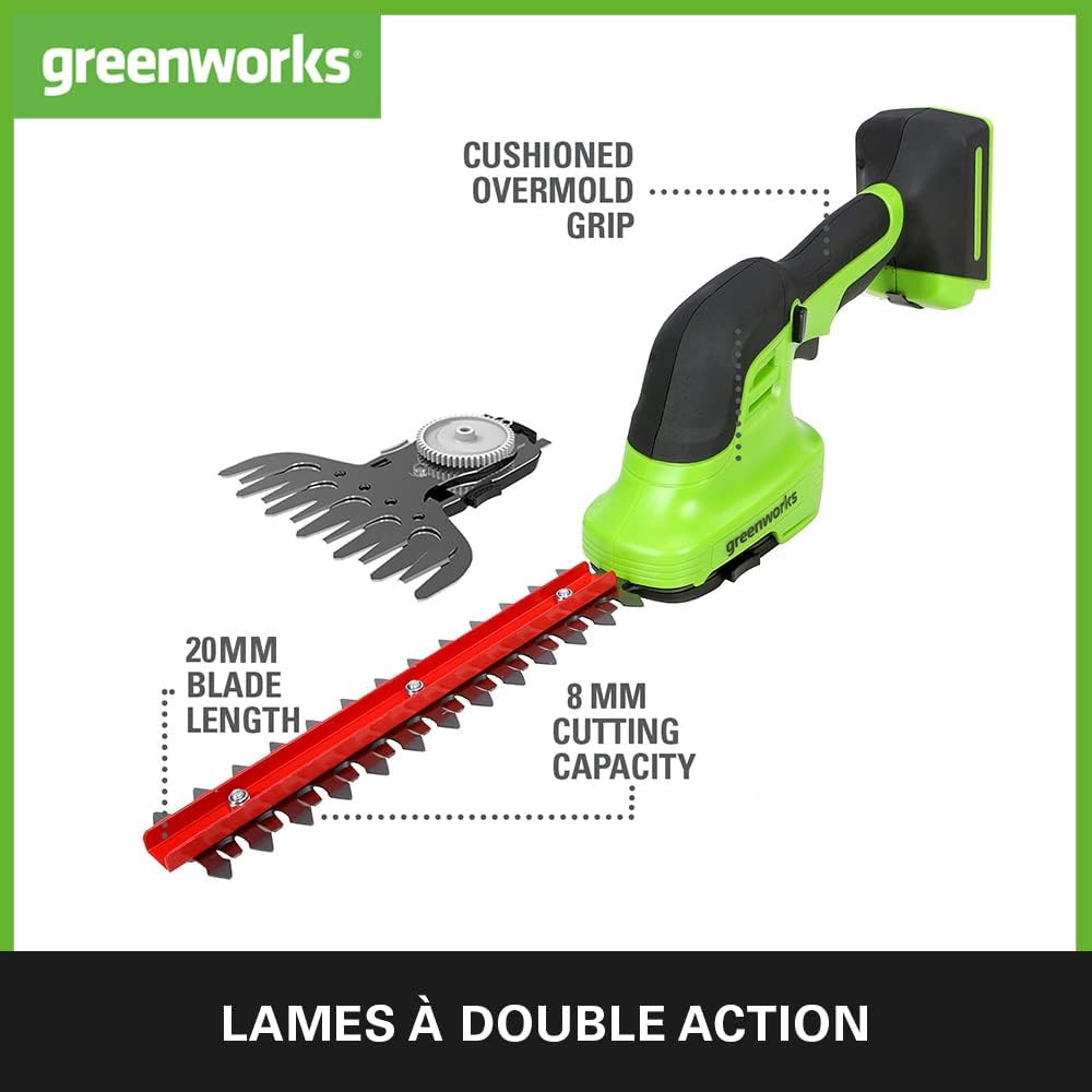 Cisaille sculpte-haies & taille-herbe de 120mm à batterie 2Ah 2en1 Greenworks G24SHTK2 (Li-Ion 24V 2400 coups/min épaisseur 8mm taille-haie de 20cm avec chargeur : Jardin