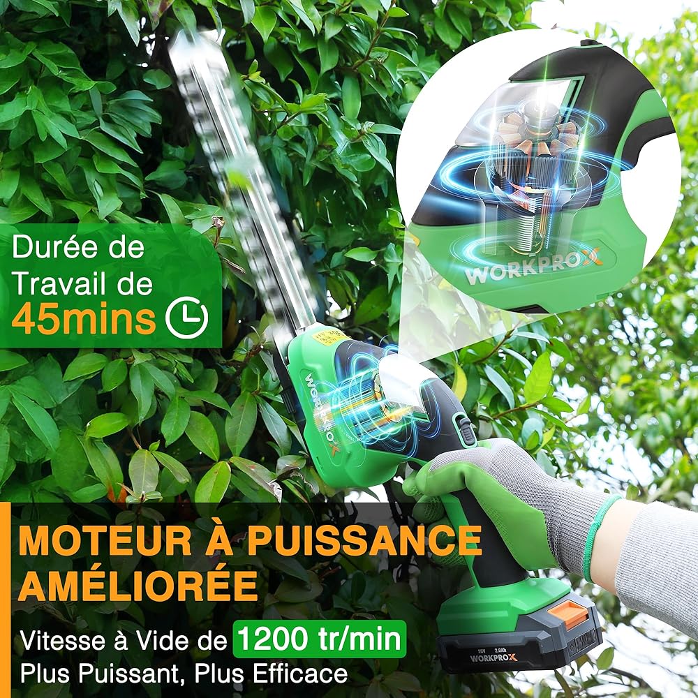 WORKPROX Cisaille Sculpte-Haie sans Fil 20V, Taille-Herbes Électrique avec Batterie 2,0Ah, Longueur/Largeur de Coupe 20 cm/14,5 cm, Ø8 mm, Outil de Jardin pour Gazon, Haies et Élagage, Noir & Vert : Jardin