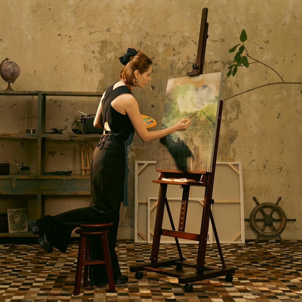MEEDEN Grand Chevalet de Peinture en Bois: H Réglable de 190cm à 370cm avec 4 Roues, Tient la Toile jusqu'à 236cm - Pliable avec Rangement : Cuisine et Maison