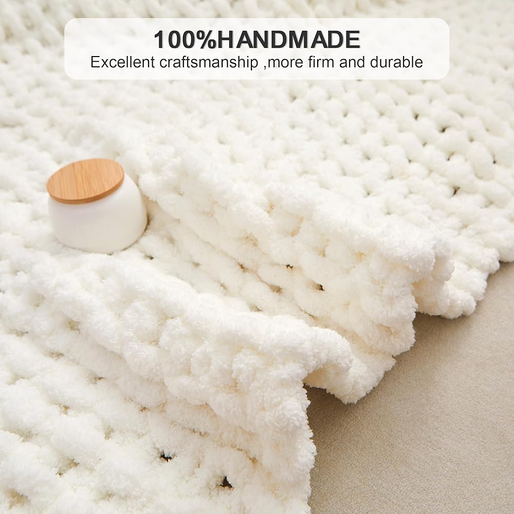 Viviland Couverture en tricot épais, luxueux 100 % tricoté à la main, doux et confortable pour canapé, lit, chaise - Couverture tissée épaisse, 127 x 152 cm, blanc : Cuisine et Maison