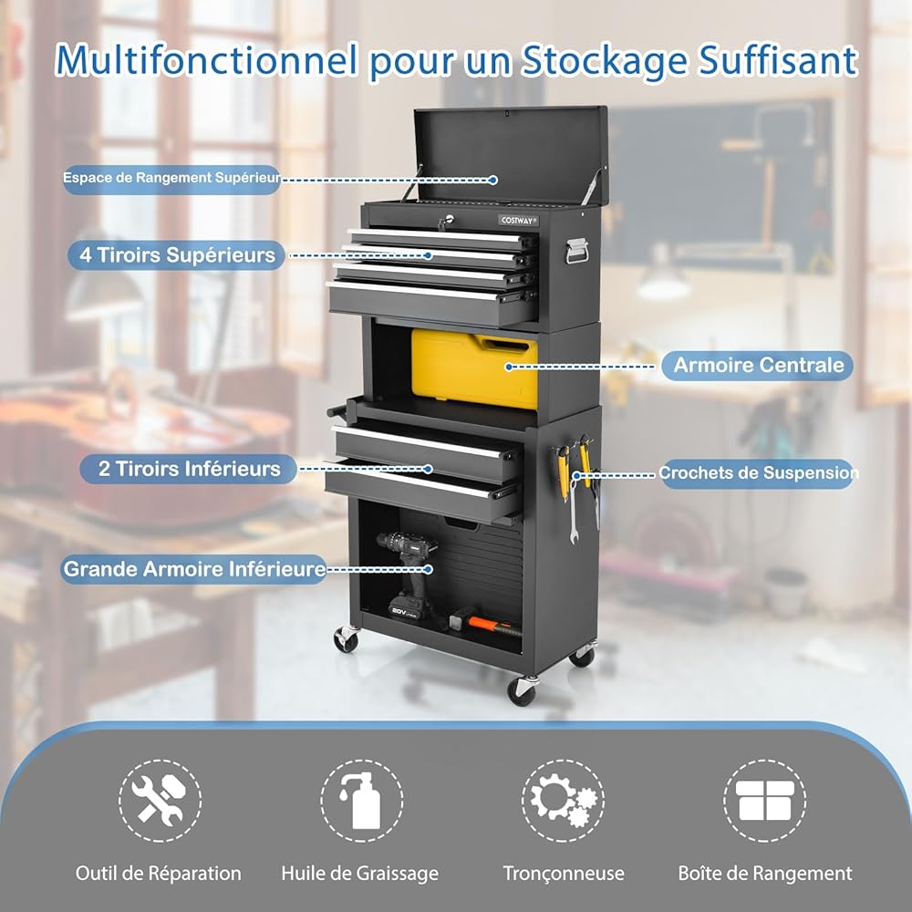 GOPLUS Chariot d’Atelier avec Coffre Amovible, Coffre à Outils Roulant avec 6 Tiroirs & Armoire à Étagère Réglable, pour Garage, Atelier, Charge 90kg(Noir) : Bricolage