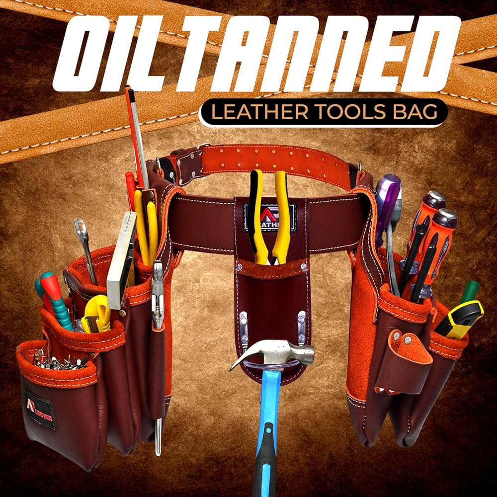 Ap-Leather Pro-302 Ceinture à outils en cuir tanné à l'huile de qualité supérieure, sac à outils de charpentier | Ceinture à outils marron, 29 poches avec 4 boucles, ceinture à outils de charpentier, : Bricolage