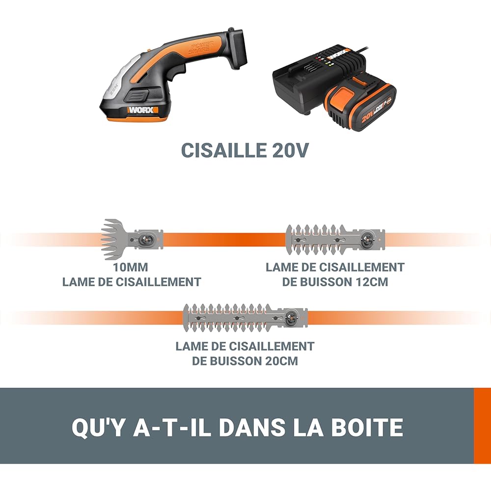WORX Set Sculpte-Haies et Taille-Herbes sans Fil 20V WG801E.9 + kit Batterie 4Ah, Chargeur Rapide, sculpteur de végétaux, Lame 200 mm, Outil 3 en 1, livré avec Set de 3 Lames et malette de Transport : Jardin
