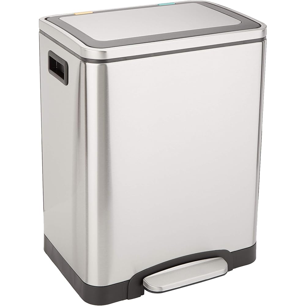 Amazon Basics Poubelle 30 L avec deux compartiments et pédale en tube d'acier - fermeture amortie avec couvercle, pour cuisine, salle de bain ou bureau, rectangulaire, satinée, en acier inoxydable : Cuisine et Maison