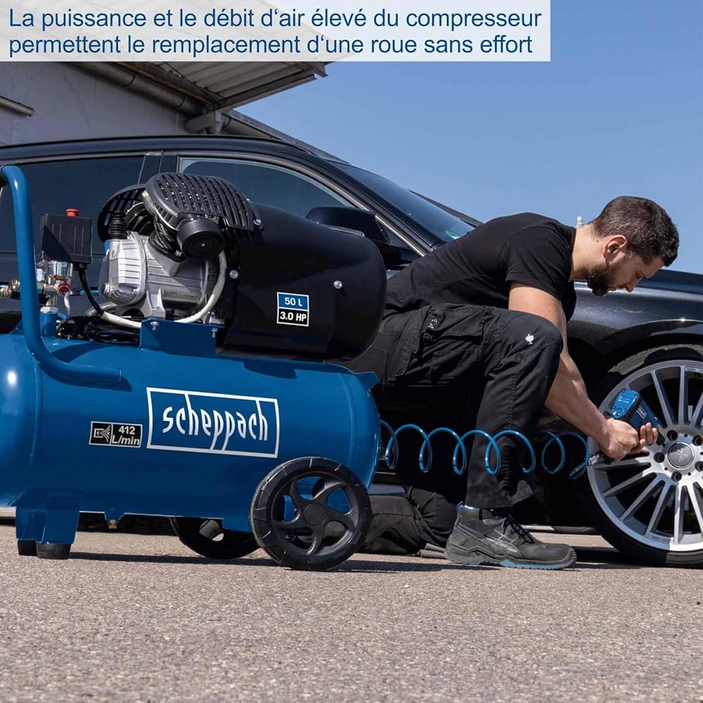 Scheppach HC53DC Compresseur d'air bicylindre 2200 W cuve 50 L pression 10 bar débit 412 L/min