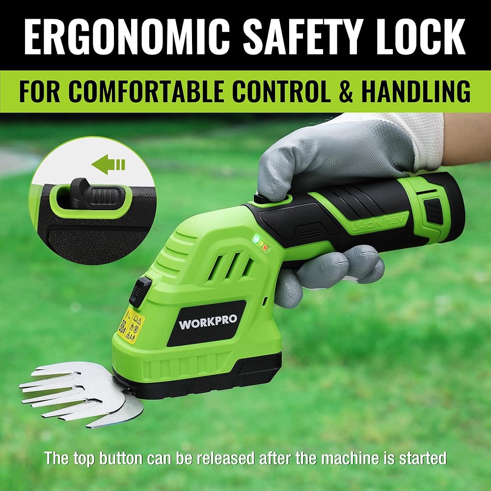 WORKPRO Cisaille Sculpte-Haie Electrique, Taille-Herbes sans Fil 12V, Taille Haie Batterie 2000mAh, avec 2 Lames, Cisaille à Gazon Léger pour Coupe, Elagage, Noir & Vert : Jardin