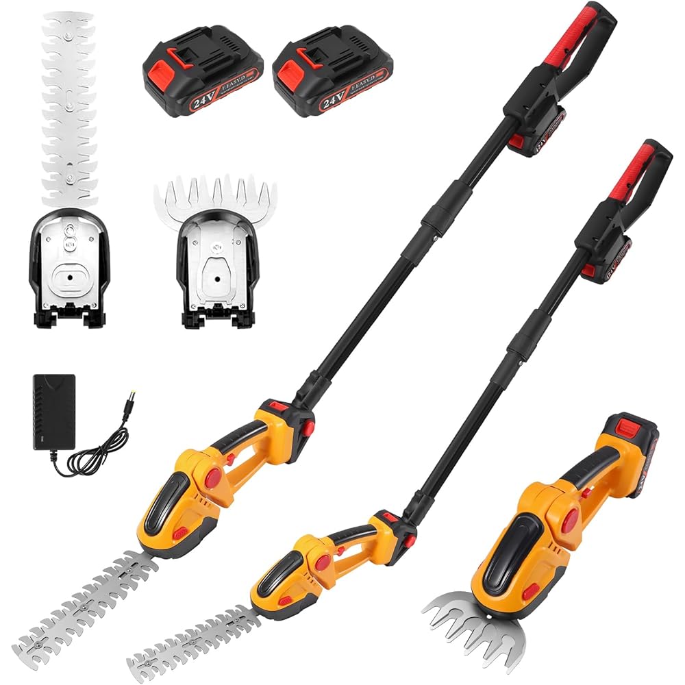 Taille-Haie avec Perche Télescopique, 2 en 1 24V Cisaille à Gazon sur Batterie Rechargeable avec 2 Lames et Chargeur, 2*Batterie 1500 mAh, Coupe Haie sans Fil pour Arbustes, Jardin, Gazon, Pelouse : Jardin