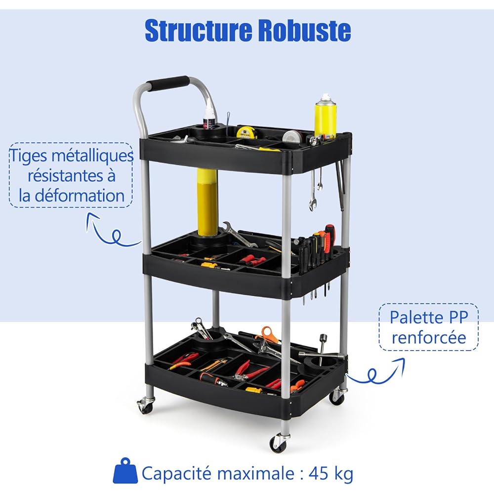 GOPLUS Chariot Service d'Atelier, Chariot d'Outils à 3 Niveaux avec Porte-Bouteilles et Porte-Outils Moulés, Poignée Ergonomique & Roues Verrouillables pour Garage, Atelier : Commerce, Industrie et Science