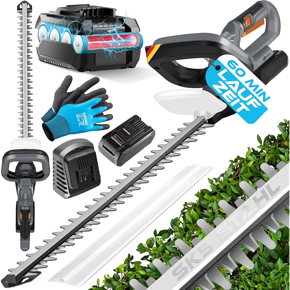 MASKO® Taille-haie Professionnel - Longueur de Coupe : 57 cm - Batterie 21 V 3,0 Ah et Chargeur sans Fil - électrique - Double Lame - Poignée réglable, Gris : Jardin