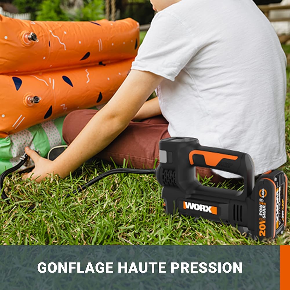 WORX Compresseur à Air multifonction sans Fil 20V WX092.9, 150 PSI, pompe à vélo, mini-compresseur électrique, Outil 4 en 1, Projecteur LED, Facile à Transporter, Livré sans Batterie ni Chargeur : Bricolage