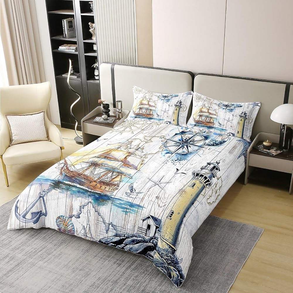 Homemissing Bateaux à Voile 100% Coton Enfants Ancre Parure de Lit 220x240cm Bois Compass Imprimer Housse de Couette Océan Voyage Aventure en mer Parure Housse de Couette : Cuisine et Maison