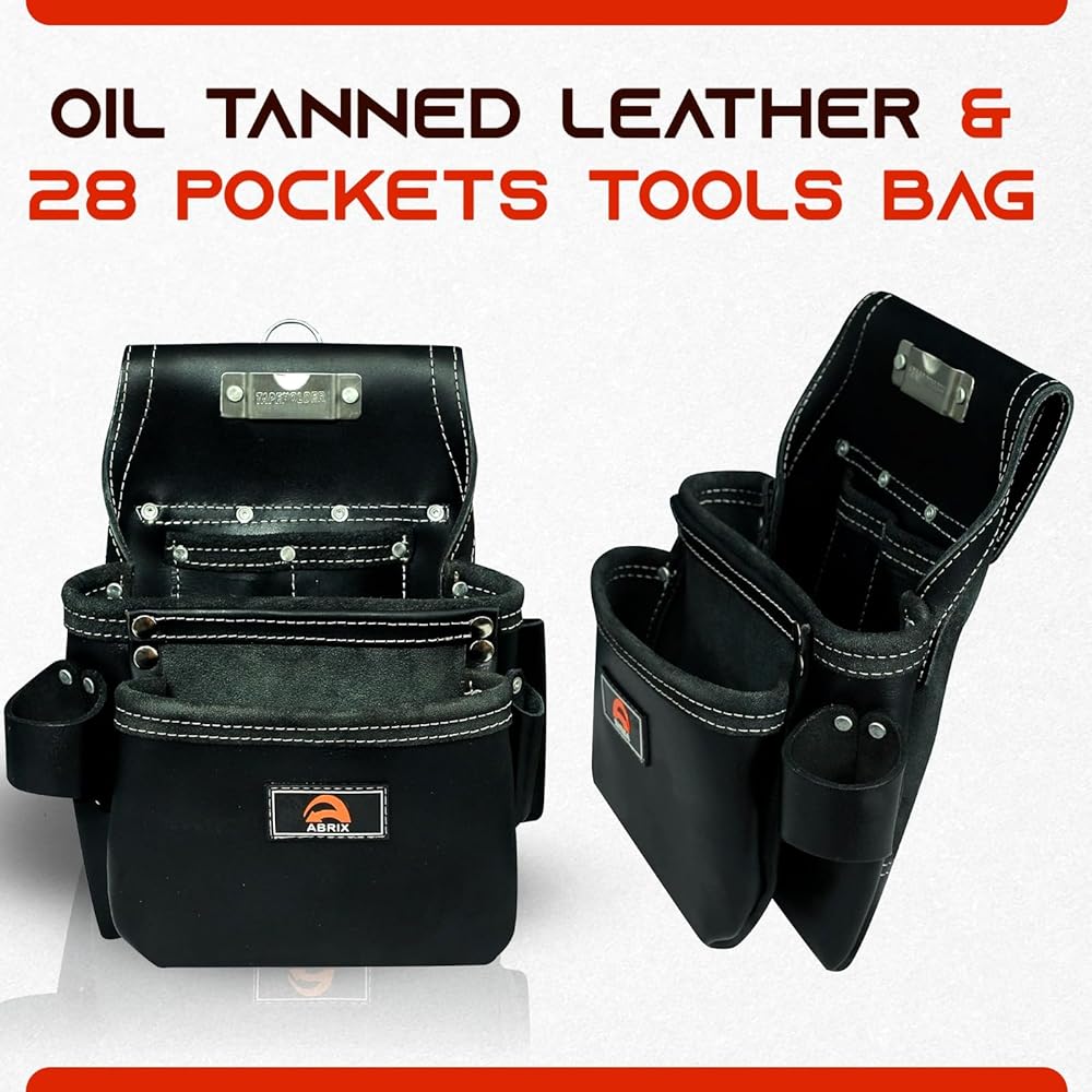 ABRIX PRO-280 Ceinture à outils en cuir tanné à l'huile de qualité supérieure, ceinture à outils en cuir robuste, 28 poches, ceinture à outils pour encadreur (cuir noir) : Bricolage