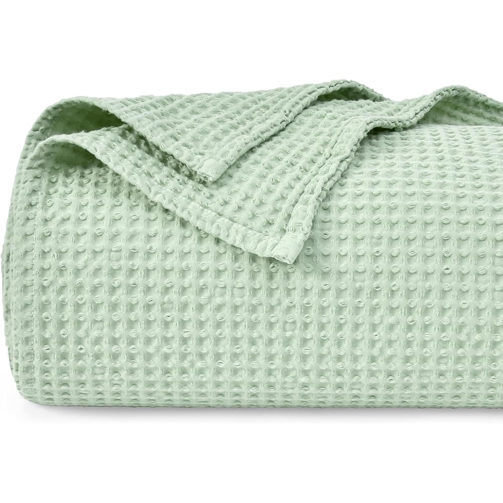 PHF Couverture 100 % coton - 230 x 270 cm - En nid d'abeille douce - Légère - Pour canapé, lit de mer, 230 x 270 cm - Vert herbe : Cuisine et Maison