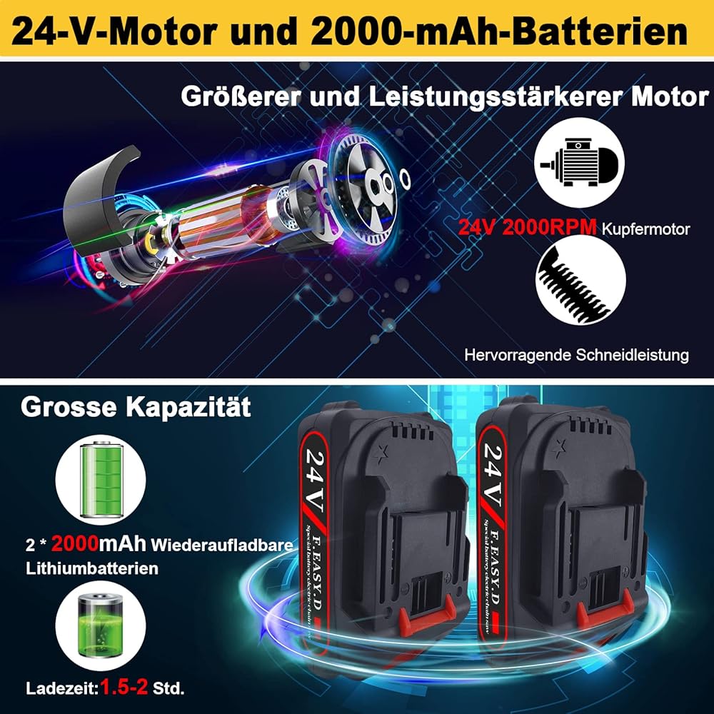 Yeelan Taille-haie électrique sans fil 24 V 2 en 1 avec batterie 2 en 1 - Sécateur électrique portable avec 2 piles rechargeables - Pour jardin, pelouse : Jardin