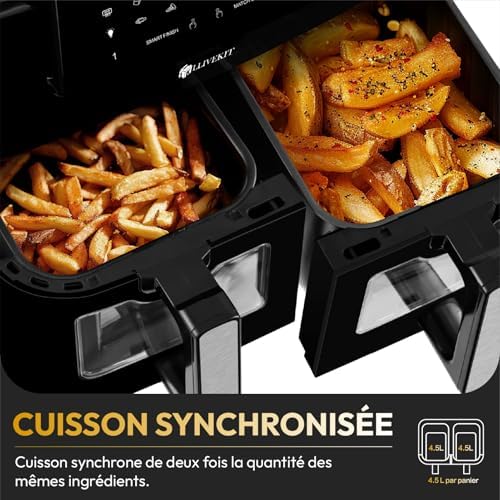 LLIVEKIT Friteuse sans huile 10L, 2 cavités 12-en-1 avec rôtissoire