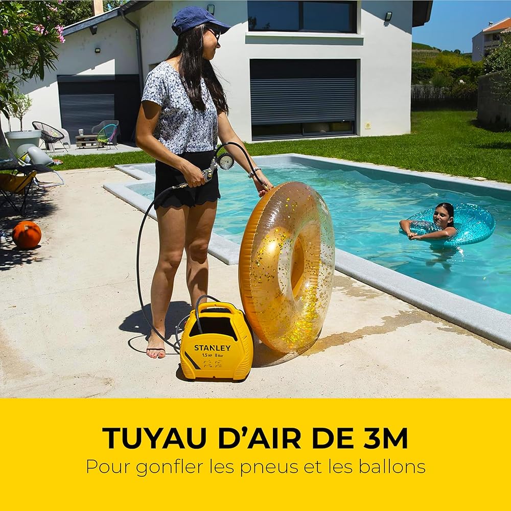 Stanley Compresseur à Air 8 Bar - Compresseur Voiture Portatif Sans Huile avec Outils Pneumatiques - Incl. Tuyau d'Air 3M, Pistolet à Air avec Manomètre et 3 Buses - Jaune : Stanley: Bricolage