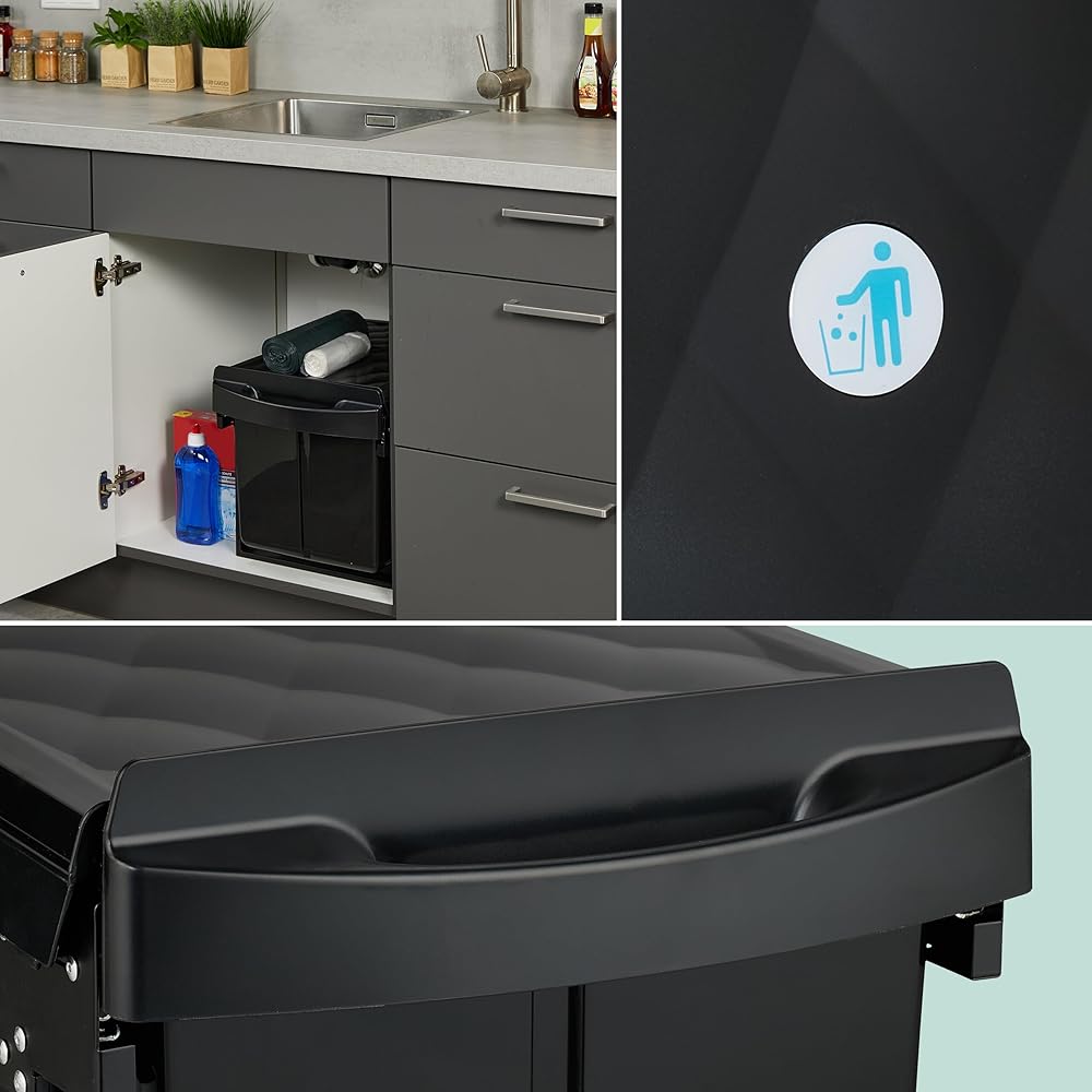 Relaxdays Poubelle encastrable pour la Cuisine, 2 bacs de 20 litres chacun, HLP : 41,3 x 34 x 51,8 cm, Noire : Cuisine et Maison