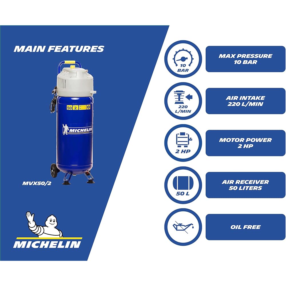 Michelin MVX50/2 Compresseur d'air vertical sans huile cuve 50 L avec manomètre