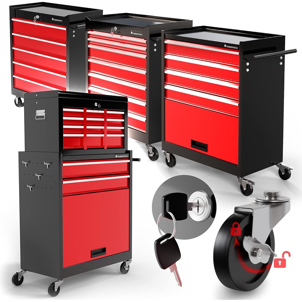 TIMBERTECH® Chariot à Outils - avec 4/5/7/9 Tiroirs, 4 roulettes (2 avec Frein), en Acier - Servante d'Atelier, à roulettes, de Rangement, Caisse à Outils Amovible : Bricolage