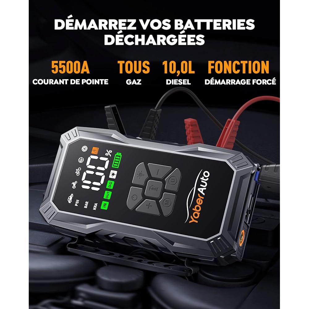 Booster Batterie Voiture avec Compresseur D’Air 150PSI, 5500A YaberAuto Booster Batterie Voiture Puissant (Tous Gaz/Diesel 10L) Démarreur avec Charge Rapide 18W, DC 150W LED 4 Modes 3,3 Grand Écran : Auto et Moto