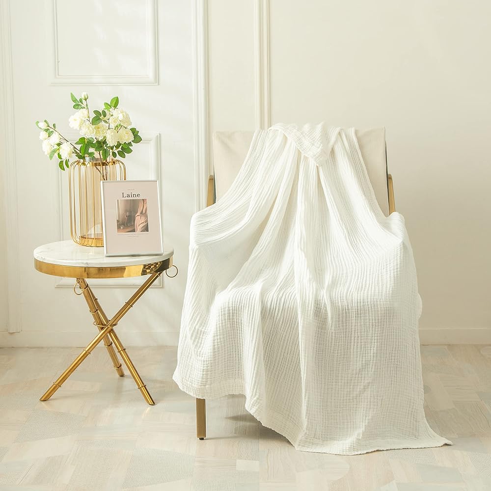 EMME – Grande couverture en coton doux à 6 couches pour lit queen size, toutes saisons, légère et respirante (blanc, 203 x 228,5 cm) : Bébé et Puériculture