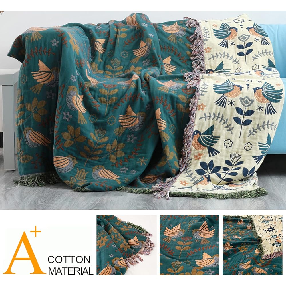 HOORDRY Couverture tissée 100 % coton avec franges, couvre-lit boho double face, 200 × 230 cm, bleu/beige, noble et douillet pour regarder la télé, plaid de fauteuil, couverture réversible : Cuisine et Maison