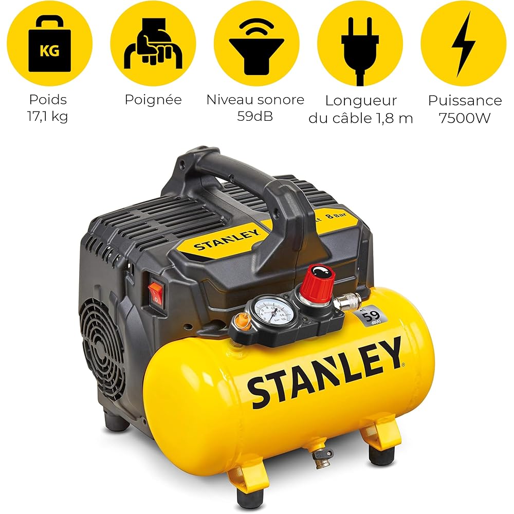 Stanley Compresseur à Air DN200/8/6 - Gonfleur Pneus Voiture 8 Bar - Compresseur Portatif avec Capacité de 6L - sans Huile 105L/Min - Avec Poignée et Pieds Antidérapants - pour Outils Pneumatiques : Stanley: Bricolage