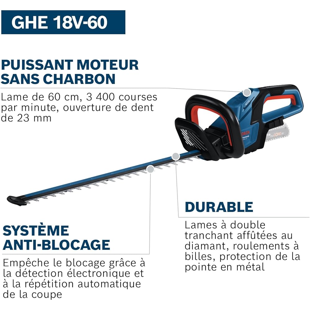 Bosch Professional 18V System taille-haies sans-fil GHE 18V-60 (moteur sans charbon, capacité de coupe de 20 mm) Alimenté par pile : Jardin