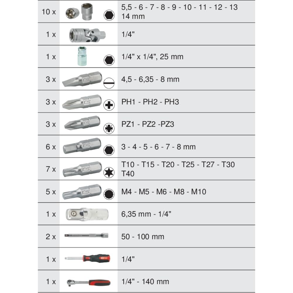 KS Tools - 922.0644 - Coffret de douilles et accessoires - Caisse a outil 1/4" - malette outils 44 pièces : Bricolage