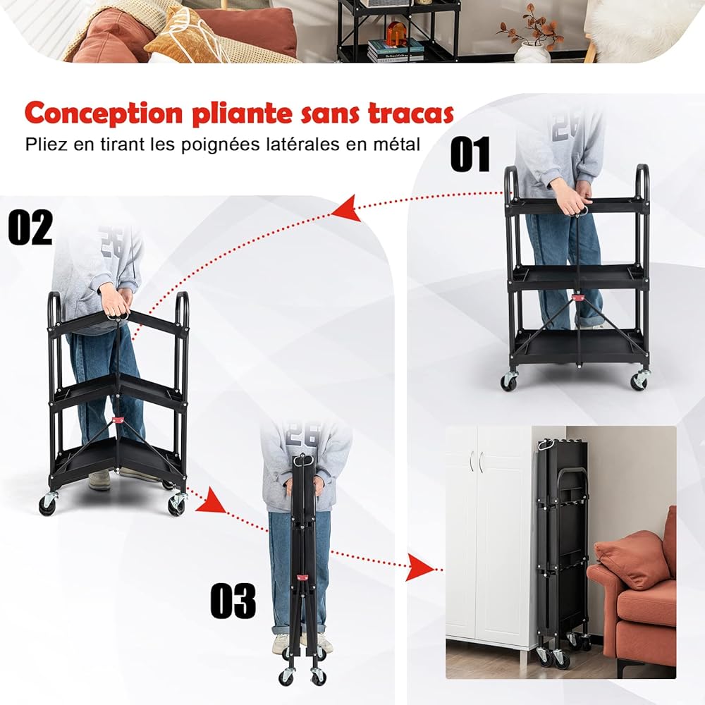 COSTWAY Chariot Servante d'Atelier à 3 Niveaux Pliant avec Roues Universelles, Chariot à Outils 4 Rainures et Mains Courantes Charge 45KG, 61 x 44 x 96 cm Noir : Commerce, Industrie et Science