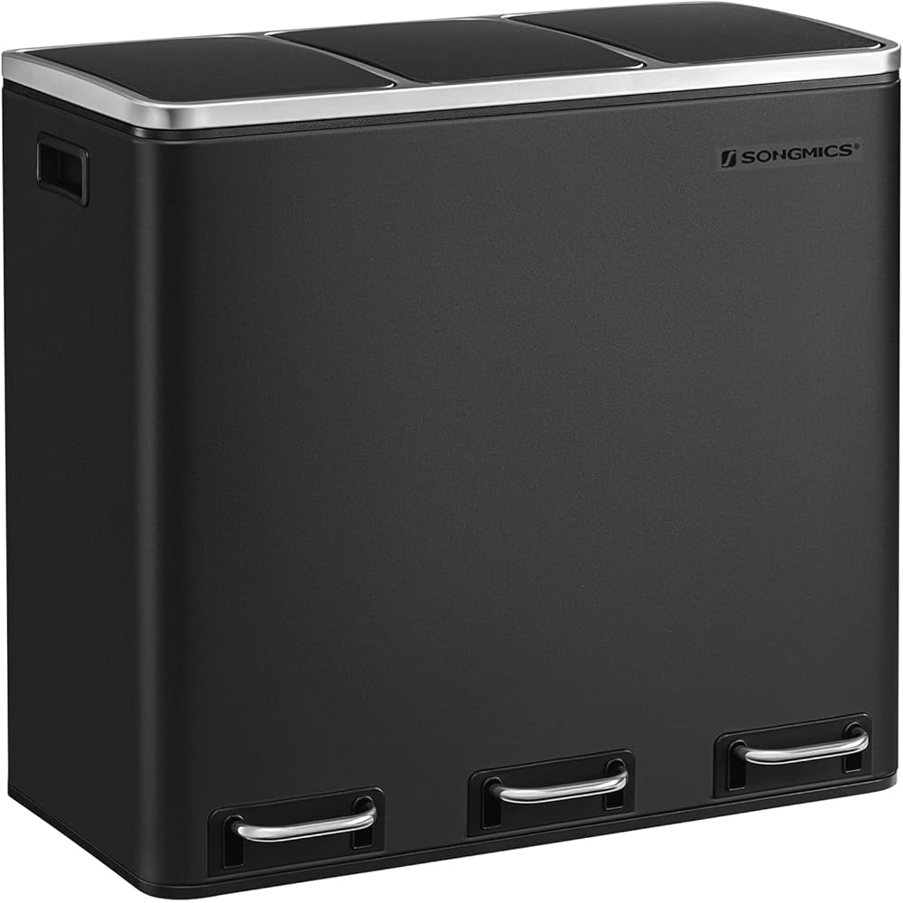 SONGMICS Poubelle Cuisine, 3 x 18L, Poubelle de Tri, 3 Compartiments, Déchets, Compost, Couvercles à Fermeture en Douceur, Pédales, Seaux Intérieurs, Acier, Noir d'Encre LTB54BK : Cuisine et Maison
