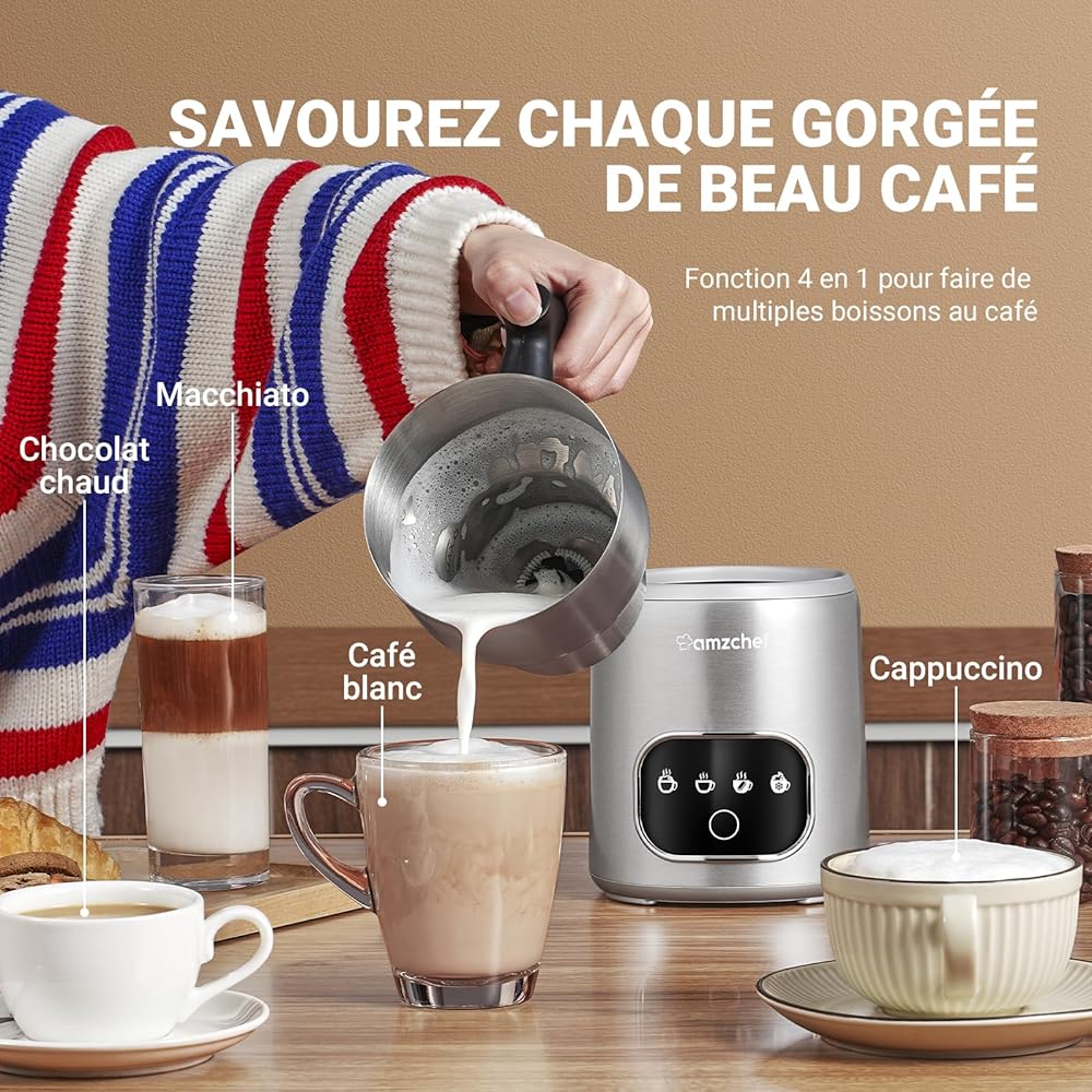 AMZCHEF Mousseur à lait électrique 4 en 1-400 ml - Avec écran tactile LED - Chauffage par induction 3D - Mousseur à lait - Chauffe également le chocolat et le lait pour latte, cappuccino et moka - : Cuisine et Maison