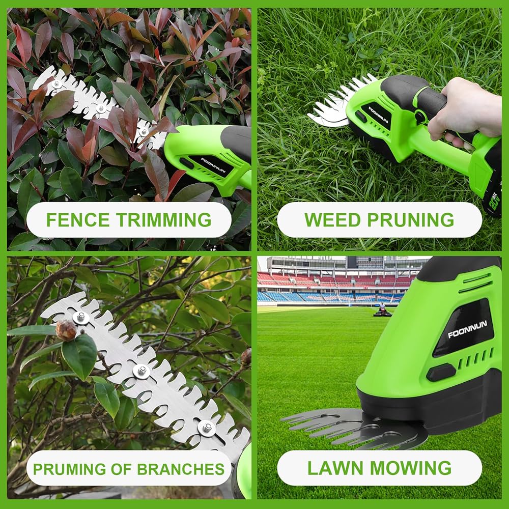FOONNUN 2 en 1 Cisailles à Gazon, Taille Haie a Batterie avec 1x2000 mAh Batterie, Electrique Cisaille de Jardin, 2 Lames(13cm&20cm), Cisailles à Gazon Sans Fil Portatives pour Arbustes, Jardin, Gazon : Jardin