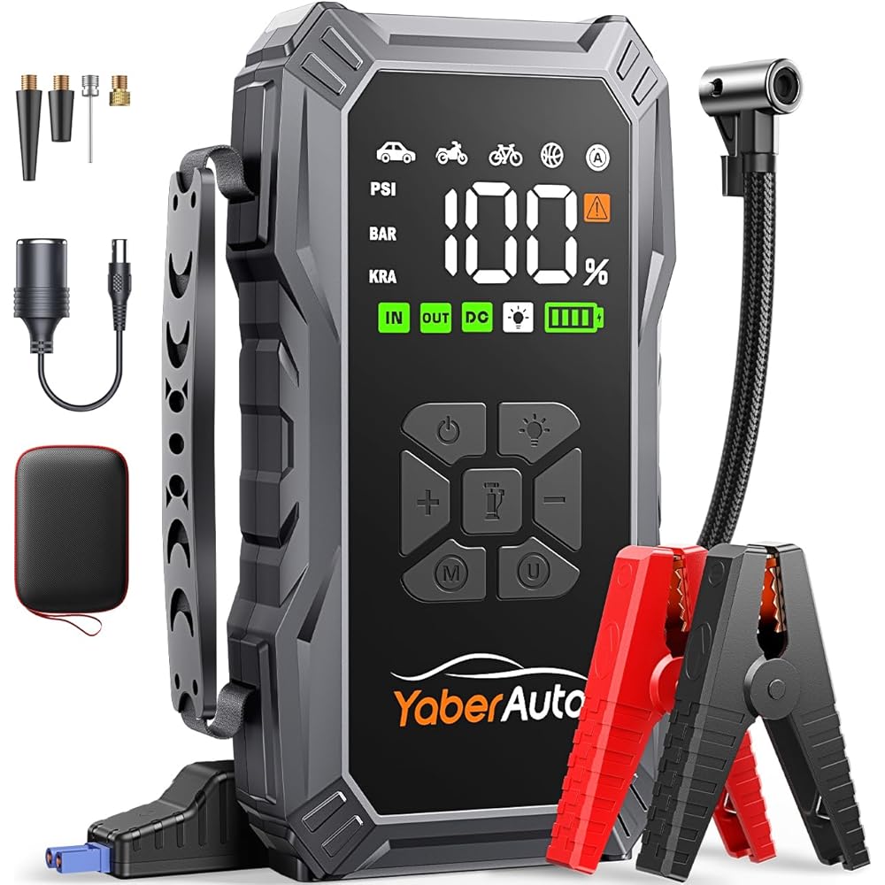 Booster Batterie Voiture avec Compresseur D’Air 150PSI, 5500A YaberAuto Booster Batterie Voiture Puissant (Tous Gaz/Diesel 10L) Démarreur avec Charge Rapide 18W, DC 150W LED 4 Modes 3,3 Grand Écran : Auto et Moto