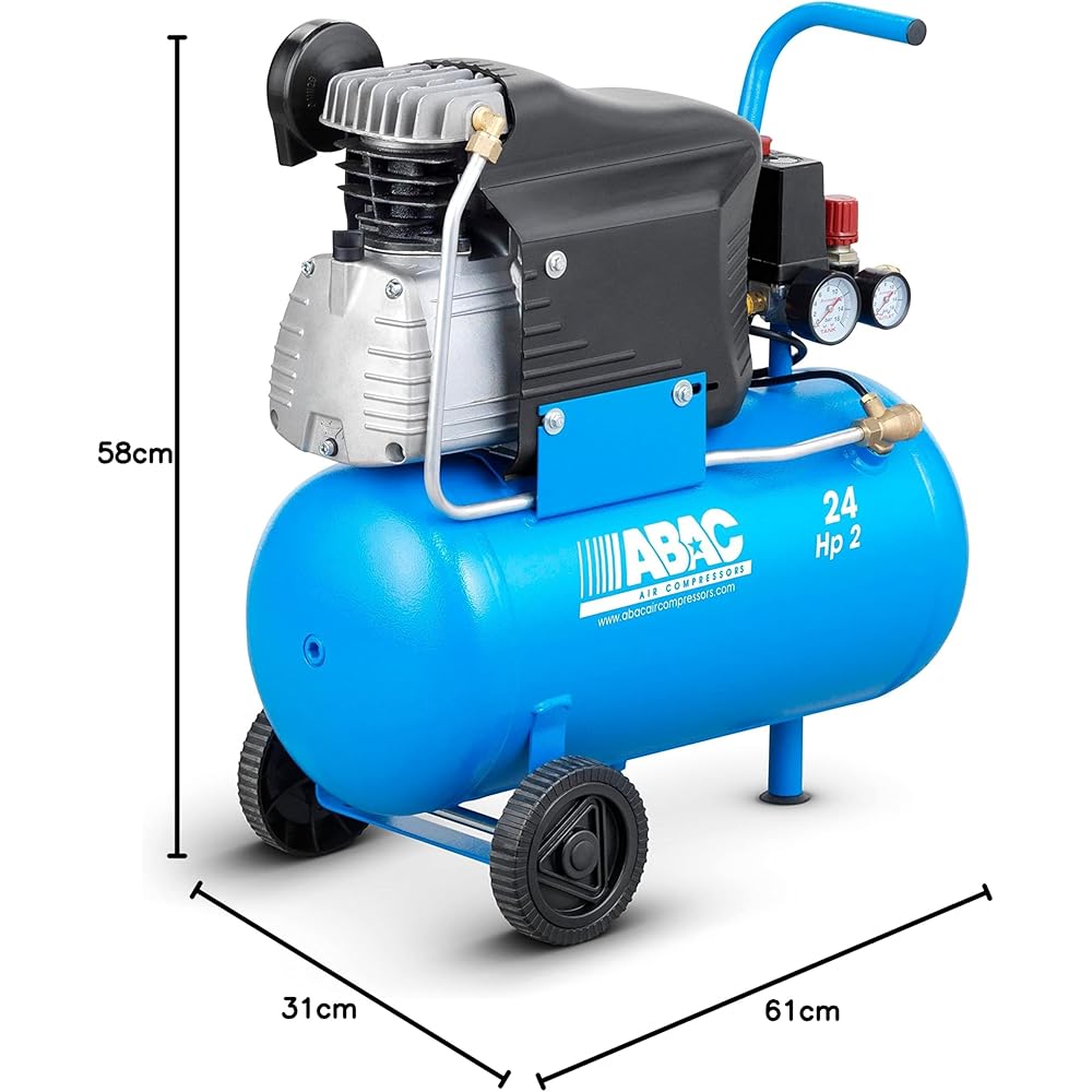 ABAC Pole Position L20 Compresseur d'Air, Compresseur d'Air 24 Litres, Double Manomètre, Pression Max. 10 Bar, Injection d'Huile, Roues de Transport, Puissance 2 CV Bleu Ciel : Bricolage