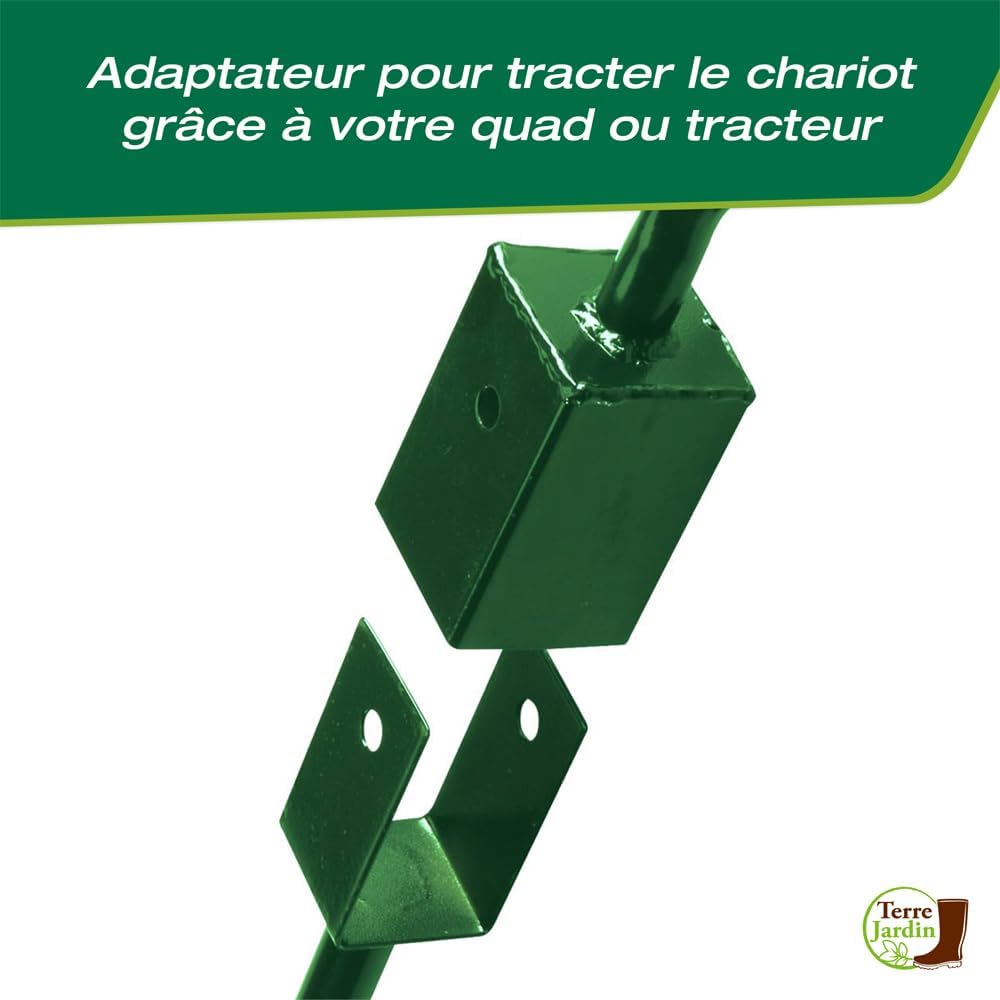 Chariot de jardin 4 roues 120 kg benne basculante 52 L avec fonction brouette et attelage pour tracteur tondeuse