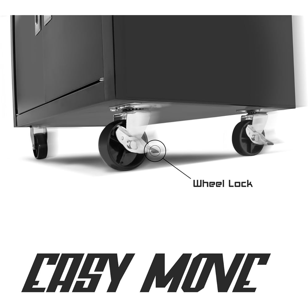 BOUDECH Buddy Chariot d'atelier à deux portes avec tiroir et serrure, armoire de garage avec roues autobloquantes, surface de travail avec tapis antidérapant : Bricolage
