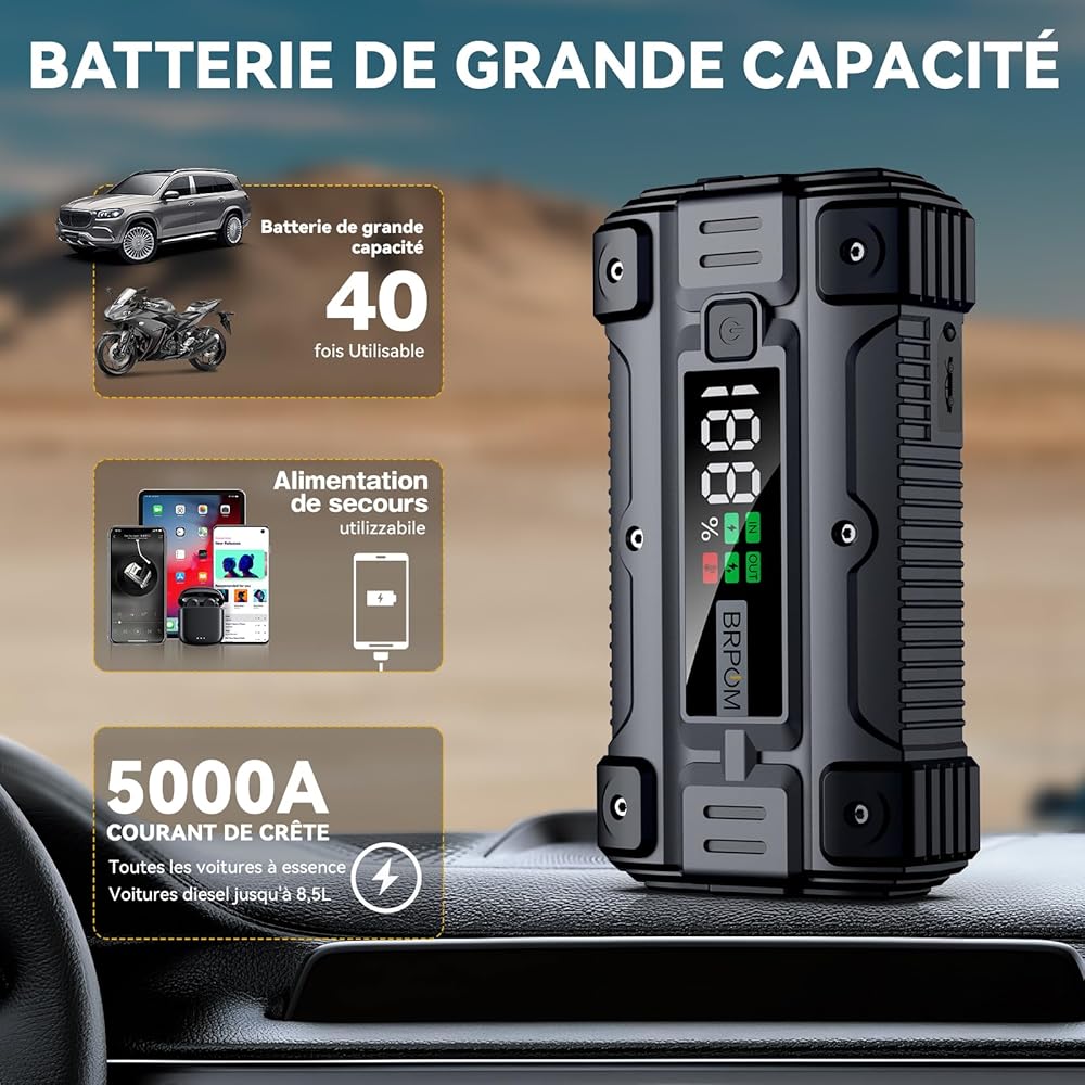 BRPOM Booster Batterie Voiture 5000A, 26800mAh Portable (Jusqu'à 8.5L Diesel & Tout Gaz), 12V Jump Starter, Démarreur de Batterie Avec Grand Ecran, QC 3.0 : Auto et Moto