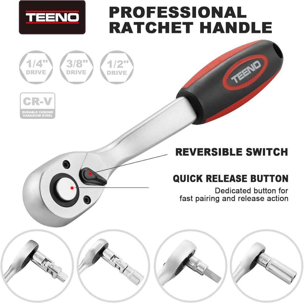 TEENO Caisse à Outils Complète en Coffret Douille de 1/4", 3/8" et 1/2", CR-V 151 Pièces Coffret de Douille et Embouts avec 3 Clé à Cliquet Doubles, Outillage Mécanique pour Réparation Voiture Auto : Bricolage