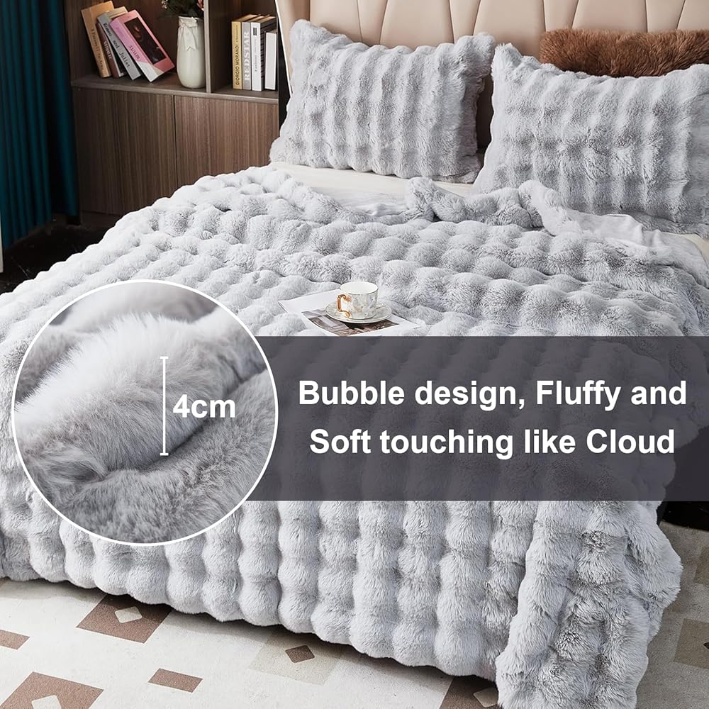 SHANNA Couverture en polaire, fausse fourrure de lapin, moelleuse et chaude, polyvalente, 1 000 g/m² d'épaisseur, 160 x 200 cm, gris clair : Cuisine et Maison