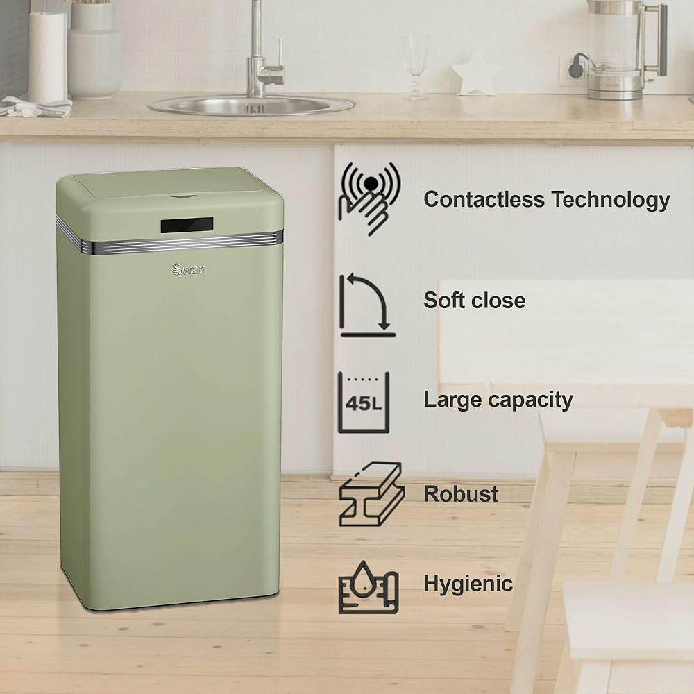 Swan Poubelle de cuisine automatique rétro avec capteur de mouvement, 45 litres, métallique, grande capacité, design vintage, vert : Cuisine et Maison