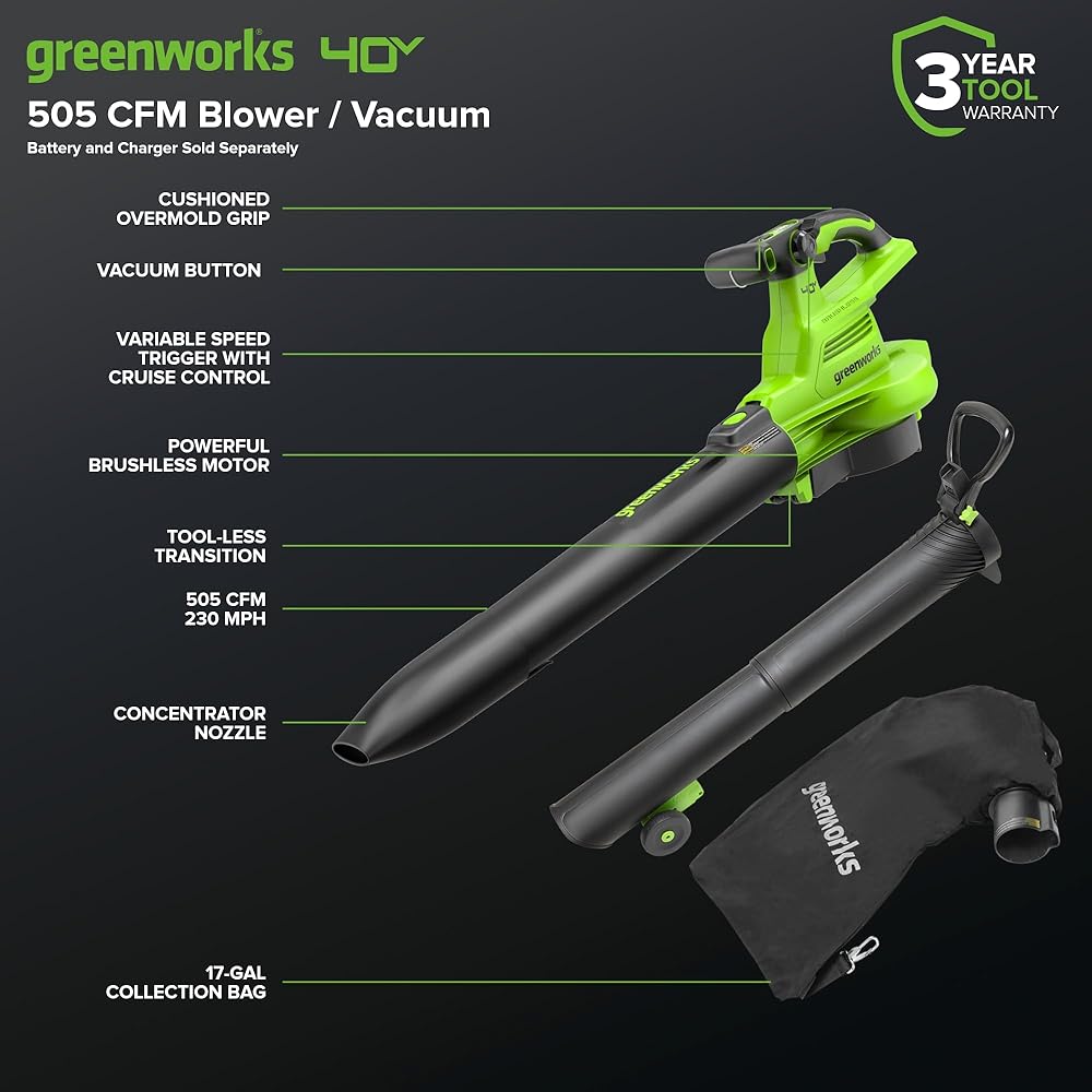 Greenworks Aspirateur sans Fil GD40BVII avec Moteur sans balais, 370 km/h, 14,17 m³/Min, Sac de paillage de 45 L sans Batterie 40 V et Chargeur, Garantie 3 Ans : Jardin
