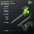 Greenworks Aspirateur sans Fil GD40BVII avec Moteur sans balais, 370 km/h, 14,17 m³/Min, Sac de paillage de 45 L sans Batterie 40 V et Chargeur, Garantie 3 Ans : Jardin