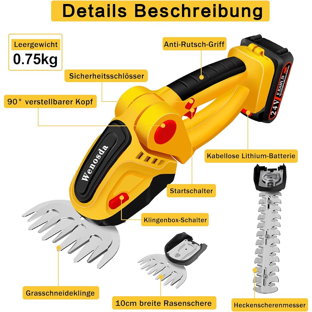 Cisaille à gazon sans fil 2 en 1 et taille-haie sans fil 2 en 1 - 2 lames - Batterie Li-ion rechargeable 24 V 2000 mAh - 2 lames - Pour jardin et pelouse : Jardin