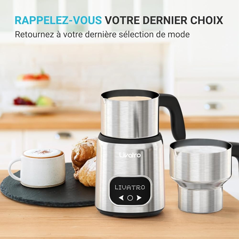 Livatro Mousseur à lait électrique avec double gobelets, 600 ml et 400 ml, passe au lave-vaisselle, avec fonction mémoire, mousse de lait chaude et froide, pour latte, cappuccino, lait au chocolat : Cuisine et Maison