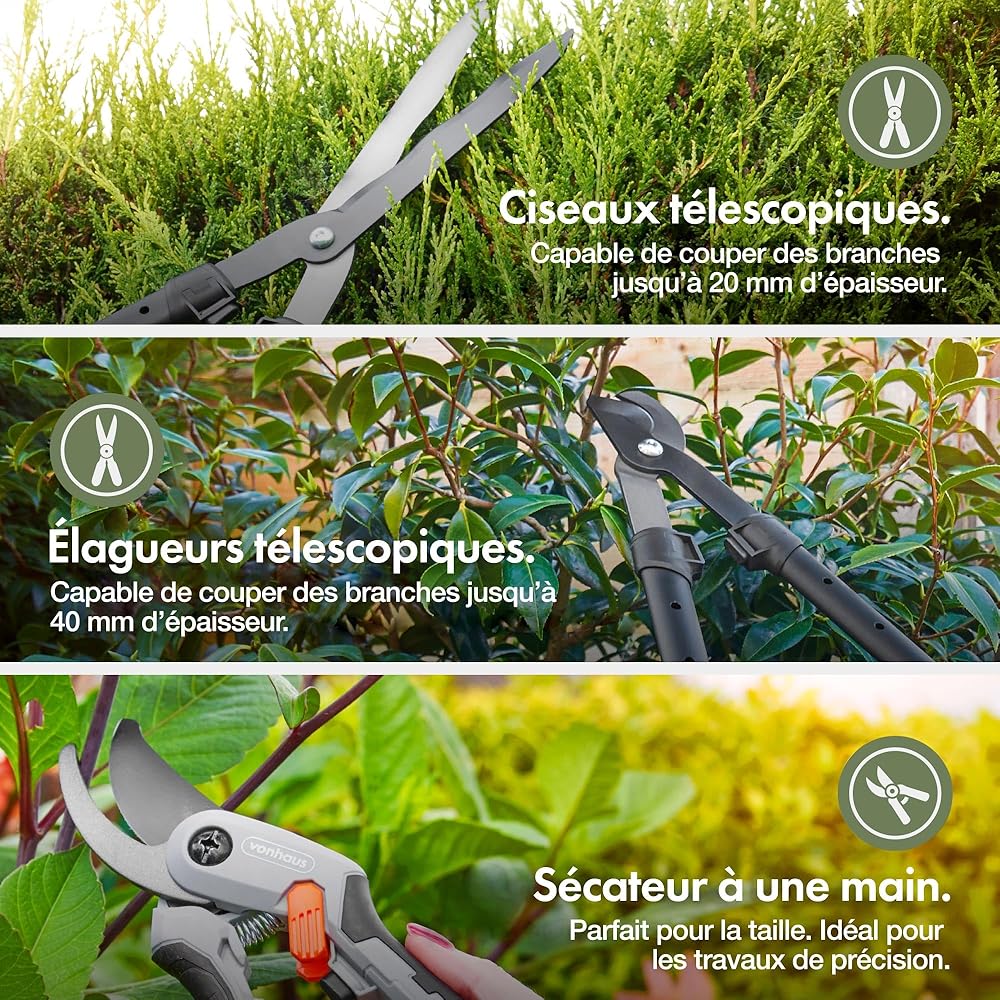 VonHaus Lot de 3 Cisailles de Jardin – Coupe-Branches, Taille-Haie, Sécateur – Poignées Télescopiques Extensibles – Prise Douce – Outils Légers : Jardin