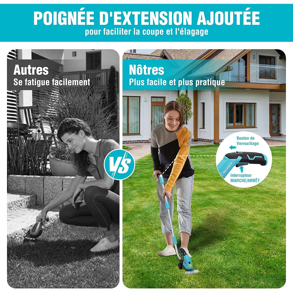 DURATECH Cisaille Sculpte-Haie Électrique et Taille-Herbes Téléscopique sans Fil 12V, Cisaille à Gazon 2 en 1, Largeur/Longueur de Coupe 12/16 cm, Batterie 2000mAh, pour Coupe, Élagage, Bleu & Noir : Jardin