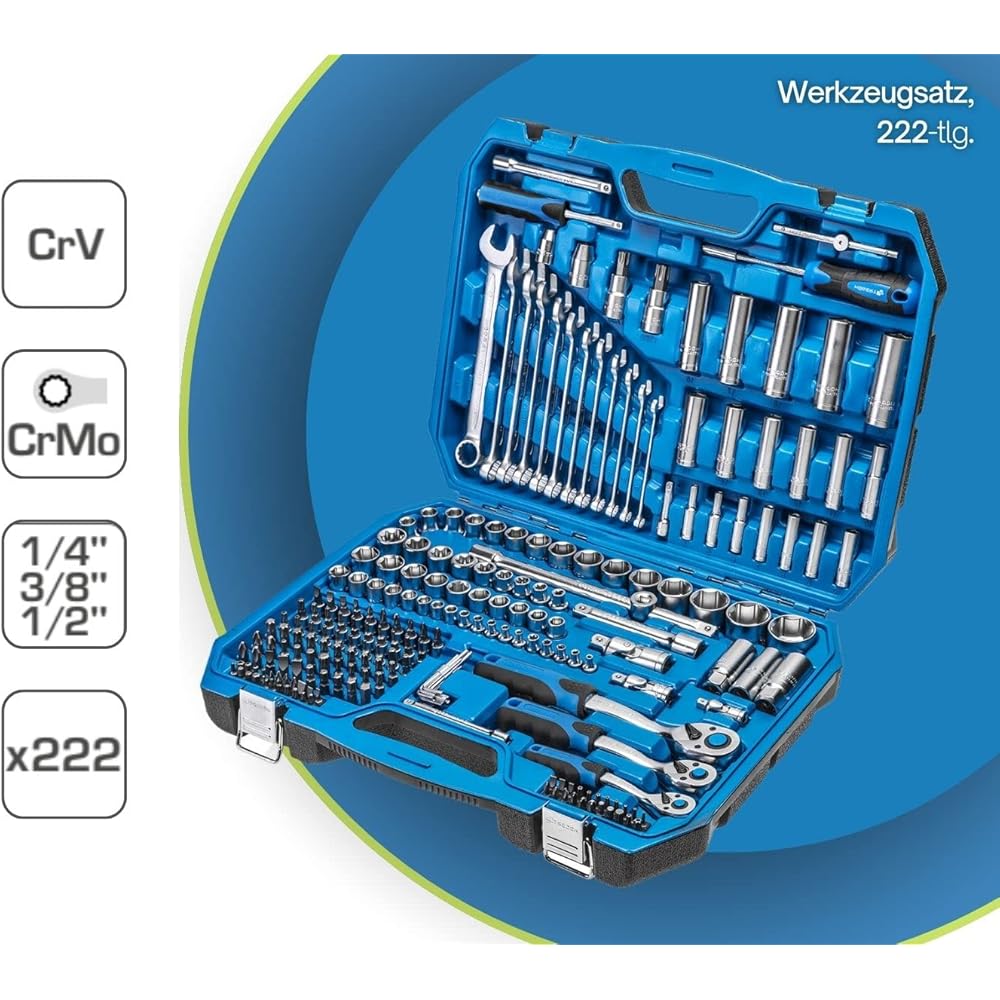 Högert Technik - Kit d'outils I Clé à douille, embouts et accessoires I Acier allié Cr-V de haute qualité I Forgé I Mécanisme à cliquet avec 72 cliquets de verrouillage I HT1R444-222 pièces : Bricolage